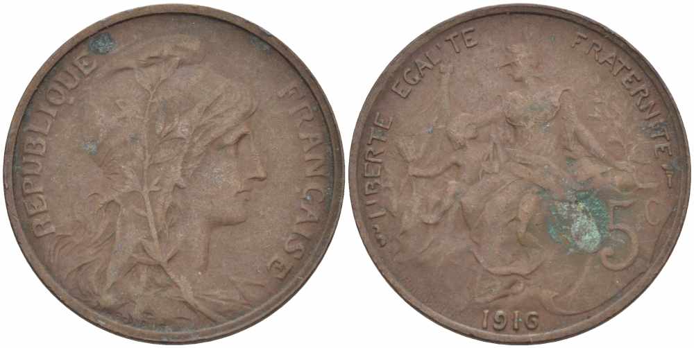 ФРАНЦИЯ 5 САНТИМОВ 1916 ТИП ДАНИЭЛЬ ДЮПЮИ KM 842, LE FRANC 119.28 бронза 108-1011