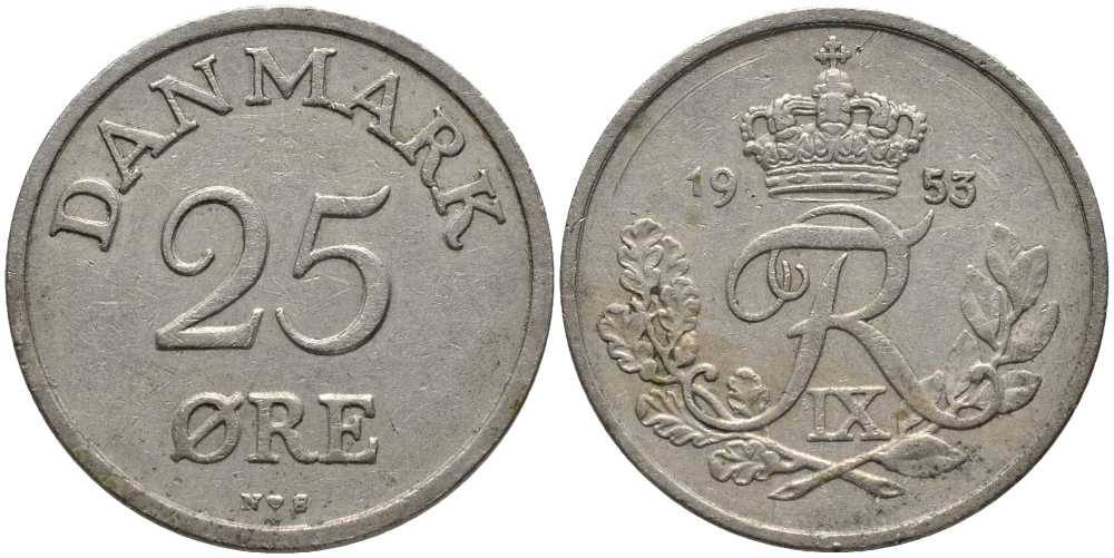 Дания 25 эре 1953 N; S, Фредерик IX (1947-1972) KM 842 медно-никель 175-715
