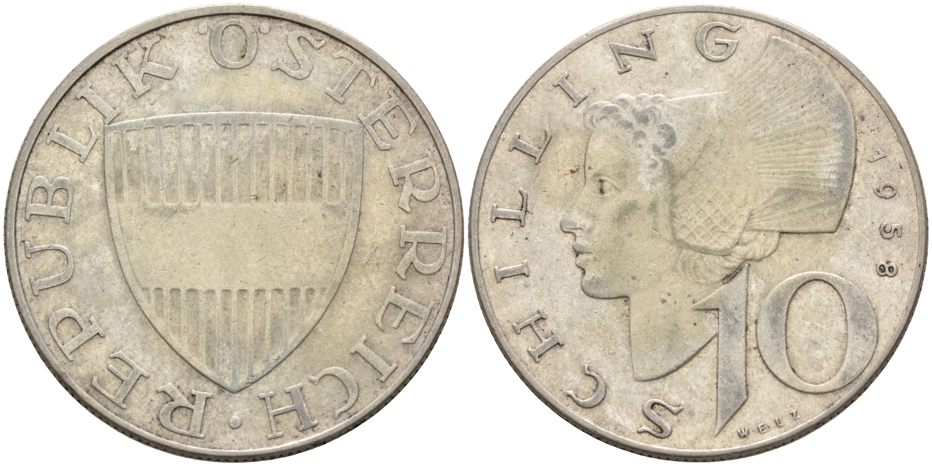 Австрия 10 шиллингов 1958 KM 2882 серебро 4563-957