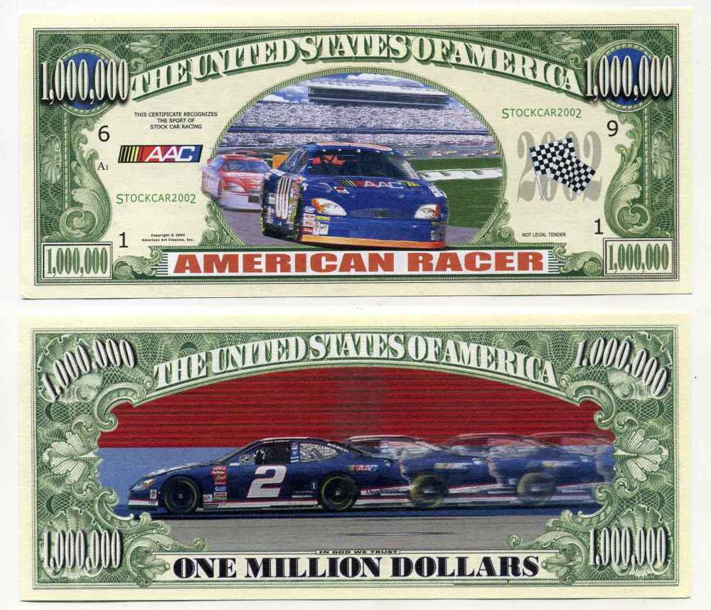 США 1000000 ДОЛЛАРОВ 2002 СУВЕНИРНАЯ БАНКНОТА, ААС . КОЛЬЦЕВЫЕ ГОНКИ НА АВТОМОБИЛЯХ бумага UNC (ПРЕСС) 8588-12-3-2
