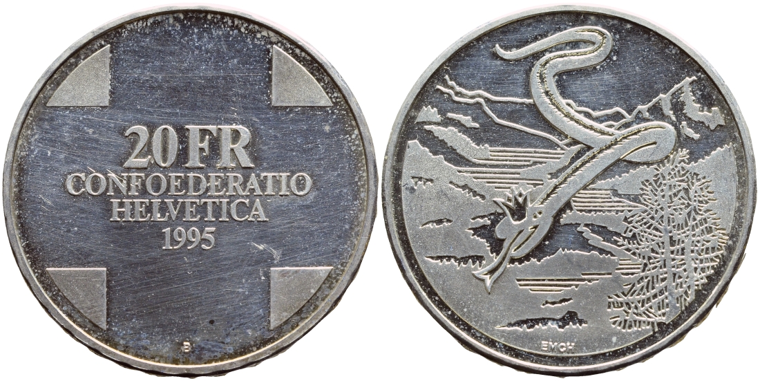 Швейцария 20 франков 1995 В, мифологическая белая королевская змея KM 75 серебро PROOF 1524-721