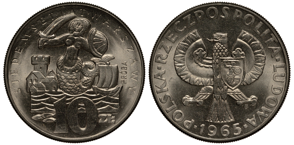 Польша 10 злотых 1965 MW, 700 лет Варшаве, проба, probe KM Pr 133 медно-никель  UNC 441-545