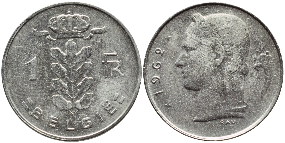 БЕЛЬГИЯ 1 ФРАНК 1962 BELGIE KM 143.1 медно-никель 4388-617