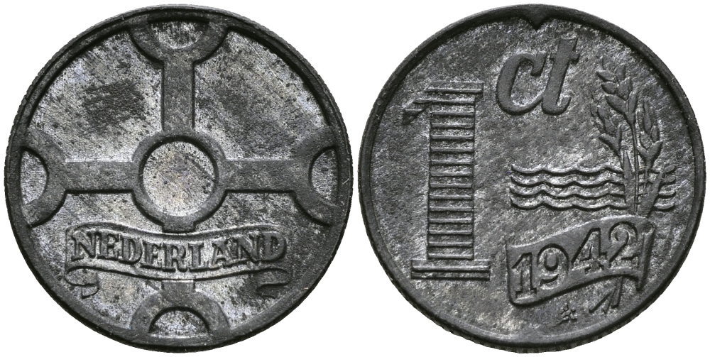 НИДЕРЛАНДЫ 1 ЦЕНТ 1942 ВИЛЬГЕЛЬМИНА (1890-1948) KM 170 цинк UNC 176-735