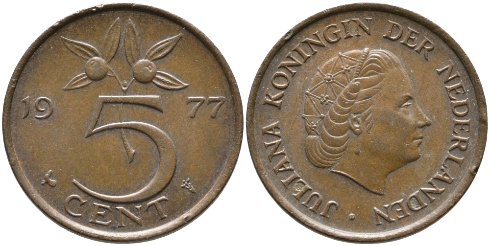 Нидерланды 5 центов 1977 Юлиана (1948-1980) KM 181 бронза 65-1225