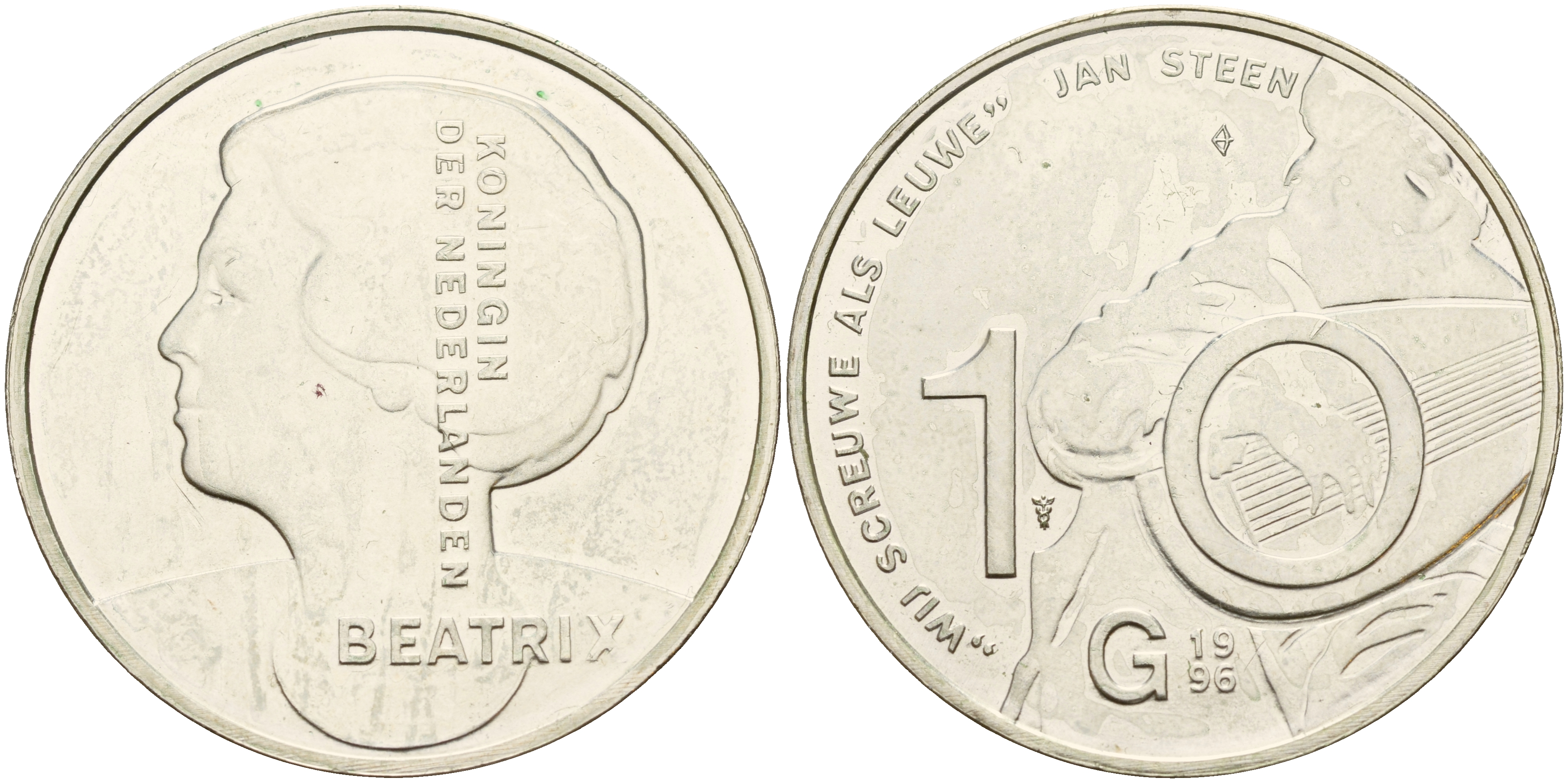 Нидерланды 10 гульденов 1996 Ян Стен, автопортрет с лютней, королева Беатрикс KM 223 серебро 1517-613