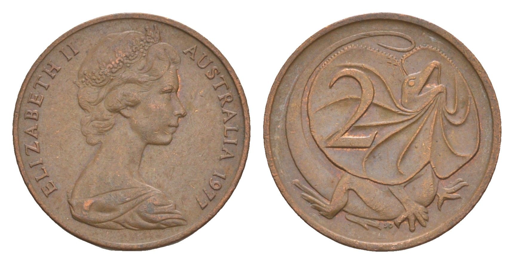 Австралия 2 цента 1977 Елизавета II (1952-2022), плащеносная ящерица KM 63 бронза 4580-964