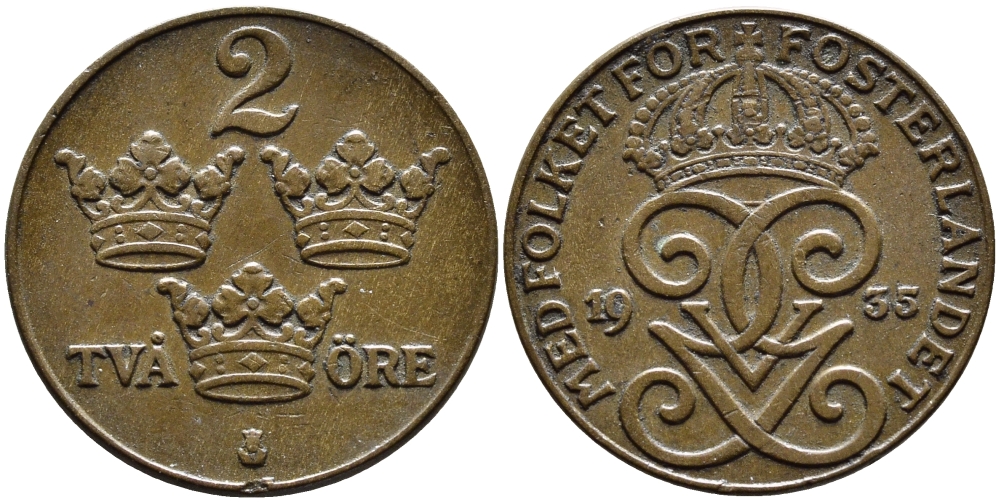 Швеция 2 эре 1935 Густав V (1907-1950) KM 778 бронза 4384-117