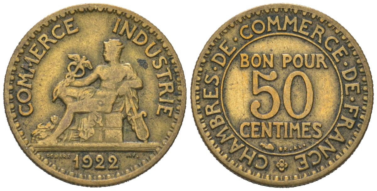 Франция 50 сантимов 1922 тип Chambre de Commerce KM 884, Le Franc 191.5 алюминиевая бронза 4164-1154