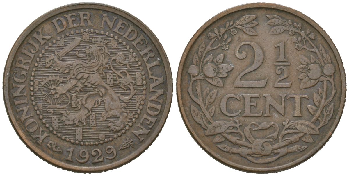 Нидерланды 2 1/2 цента 1929 Вильгельмина (1890-1948) KM 150 бронза 67-222