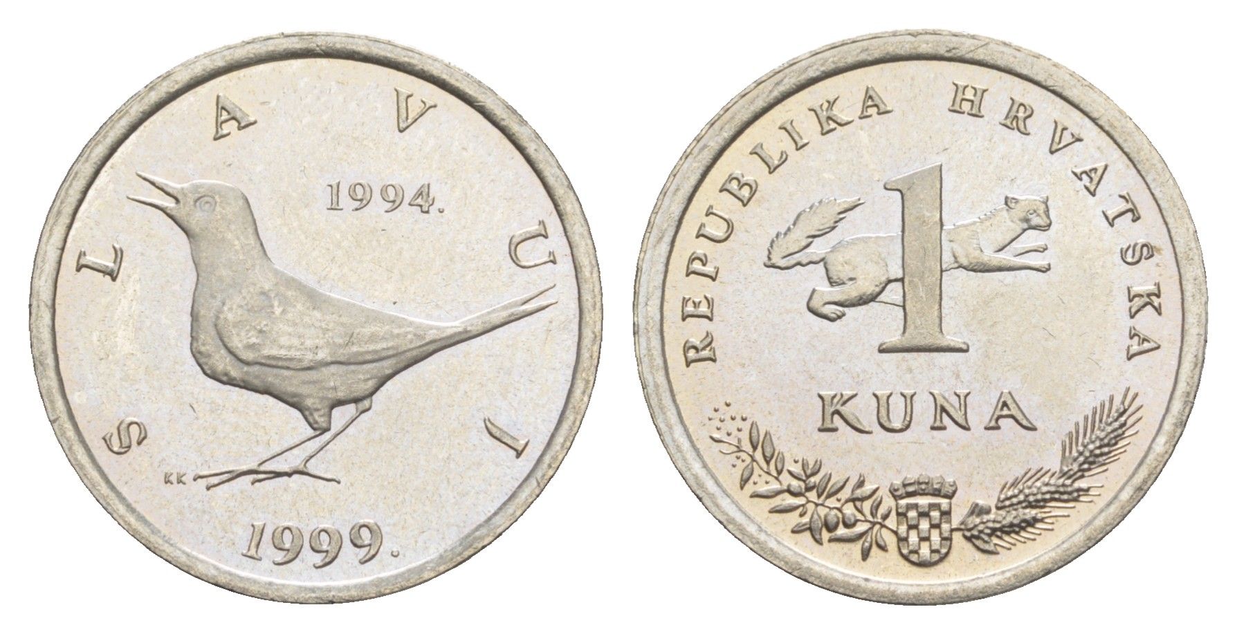 Хорватия 1 куна 1999 западный соловей, 5 лет национальной валюте, легенда на хорватском KM 9.2 медь цинк никель UNC 4651-552