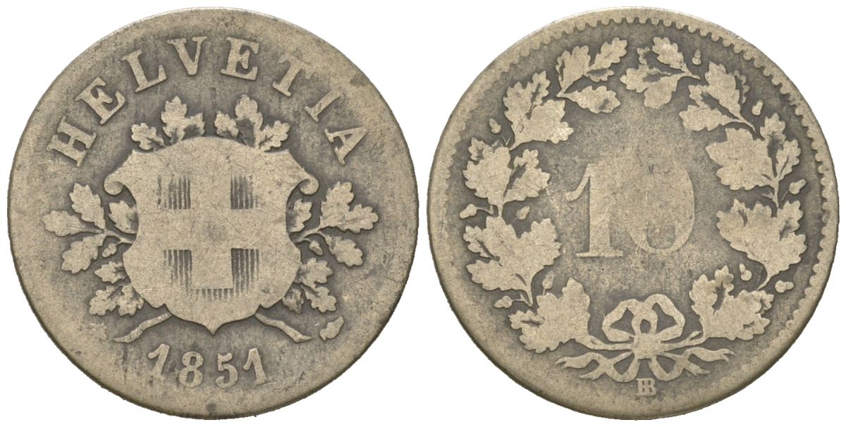 Швейцария 10 раппенов 1851 BB KM 6 серебро 4160-1111