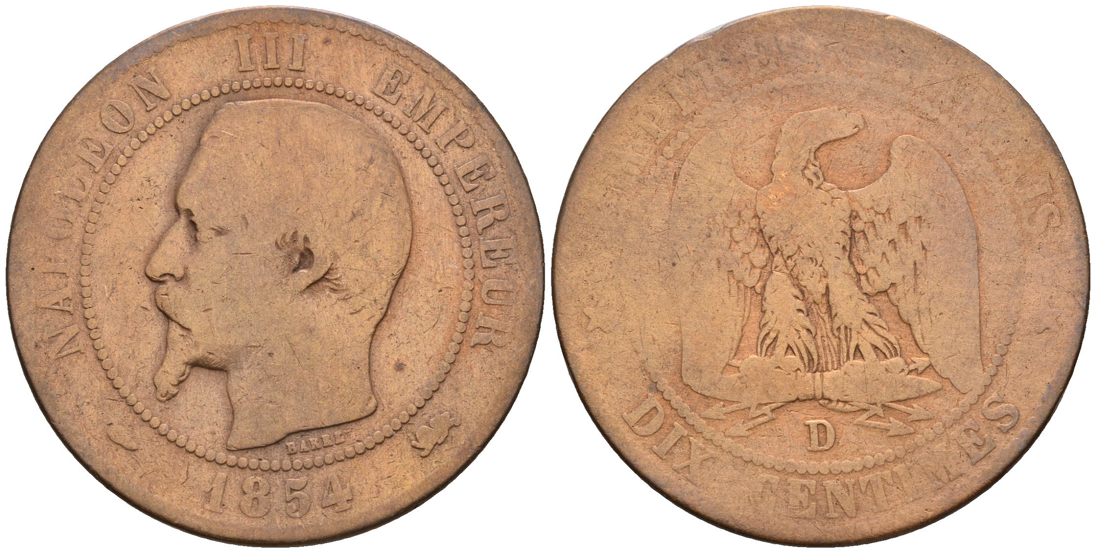 Франция 10 сантимов 1854 D, Наполеон III (1852-1870) KM 771.4 бронза 221-442