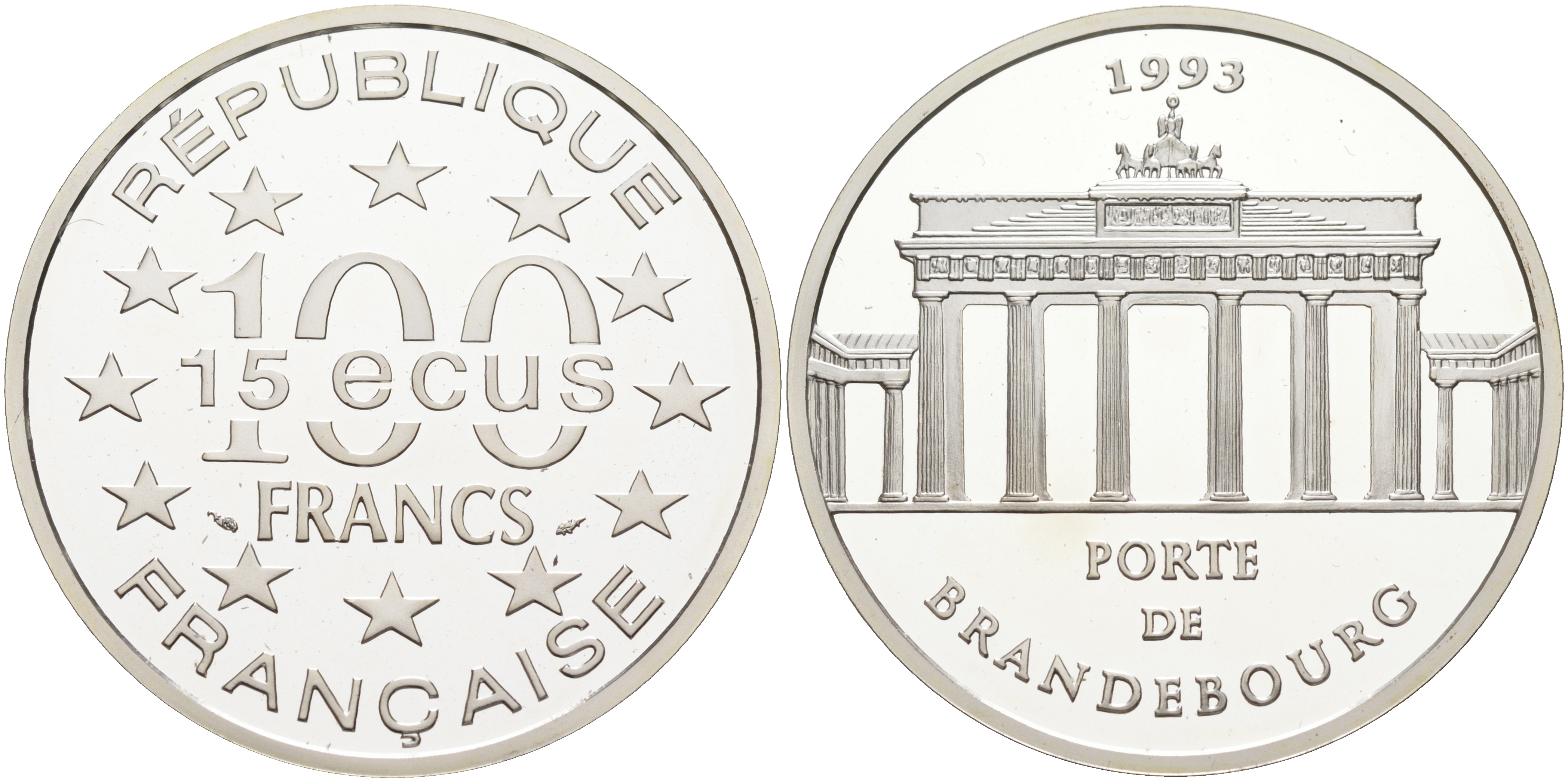Франция 100 франков - 15 экю 1993 серия архитектурные монументы Европы (Бранденбургские ворота в Берлине) KM 1032 серебро PROOF 02-078-15