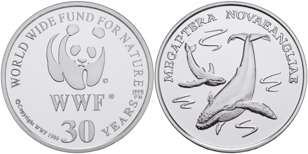 ЕВРОПА МЕДАЛЬ 1986 30 ЛЕТ WWF, КИТ, MEGAPTERA NOVAEANLIAE серебро PROOF 00-00