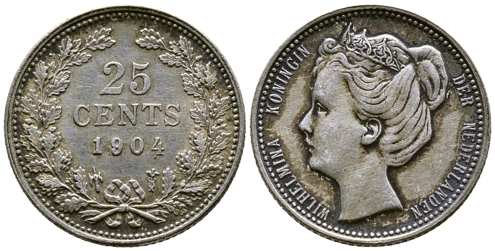 Нидерланды 25 центов 1904 Вильгельмина (1890-1948) KM 120.2 серебро 46-821