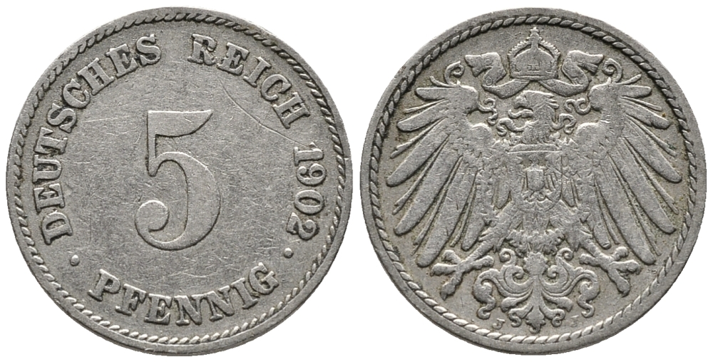 ГЕРМАНИЯ 5 ПФЕННИГОВ 1902 J KM 11, J. 12 медно-никель 39-761