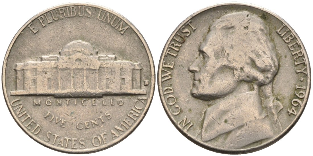 США 5 центов 1964 Джеферсон КМ А192 медно-никель 4573-142