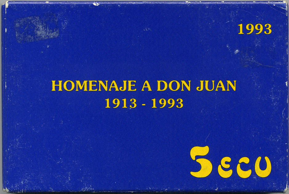 Испания 5 экю 1993 Хуан Карлос I (1913-1993), парусник, в оригинальной деревянной коробке, с сертификатом  серебро  PROOF  4-3-1-14
