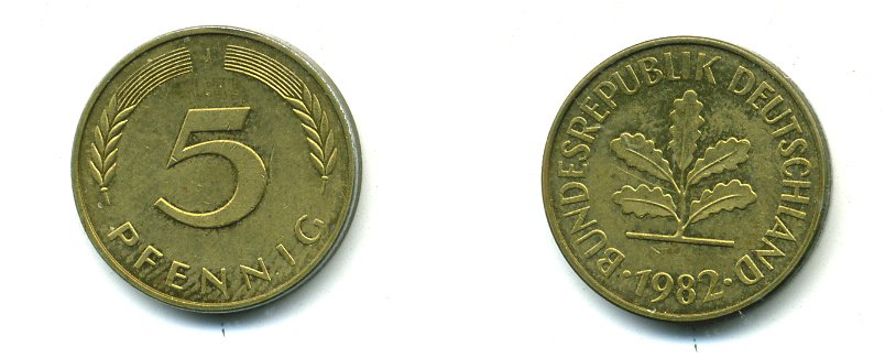 ФРГ 5 ПФЕННИГОВ 1982 J KM 107, J. 382 сталь плакированная латунью 46-2214