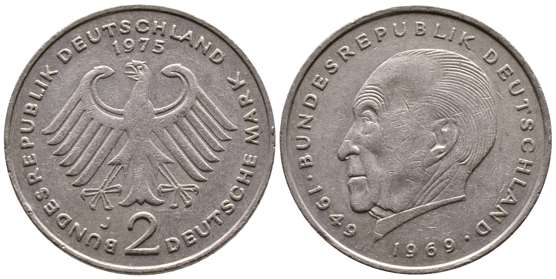 ФРГ 2 МАРКИ 1975 J, КОНРАД АДЕНАУЭР KM 124, J. 406 медно-никель плакированный никелем 56-1035