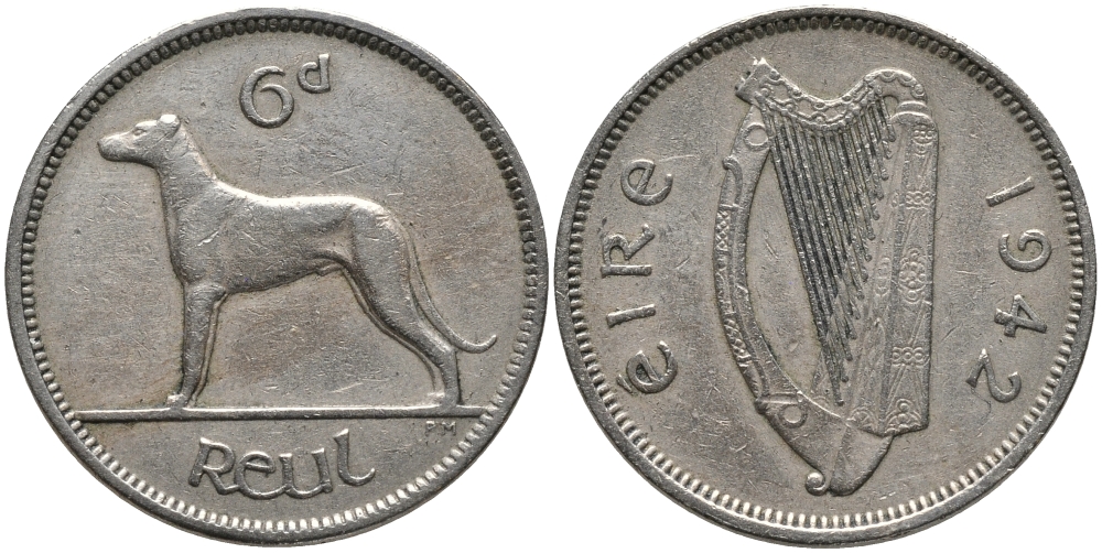 ИРЛАНДИЯ 6 ПЕНСОВ 1942 ИРЛАНДСКИЙ ВОЛКОДАВ KM 13а медно-никель 4387-1054