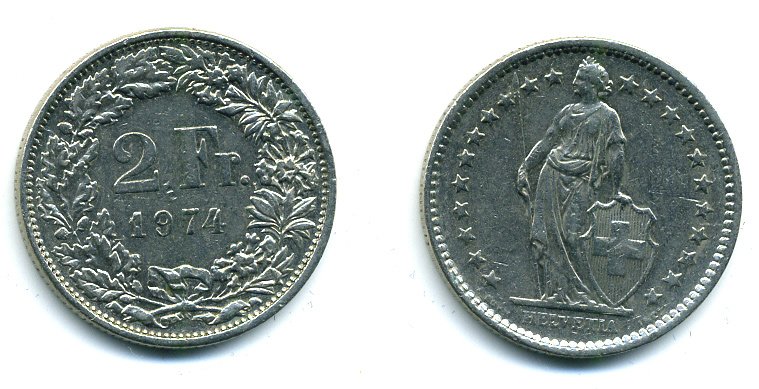 ШВЕЙЦАРИЯ 2 ФРАНКА 1974 KM 21а.1 медно-никель 59-1032