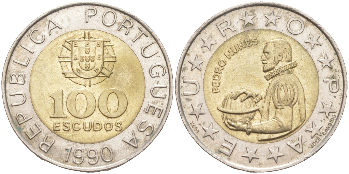 Португалия 100 эскудо 1990 Педру Нуниш (1502-1578), математик KM 645.1 биметалл 4448-717
