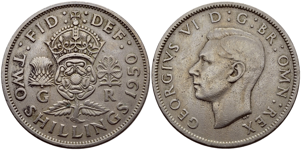 Великобритания 2 шиллинга (флорин) 1950 Георг VI (1936-1952) KM 878, Spink 4107 медно-никель 83-1726