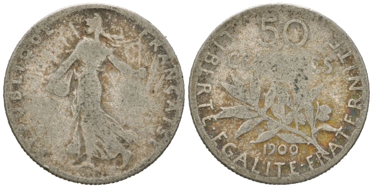 Франция 50 сантимов 1900 KM 854 серебро 4611-1128