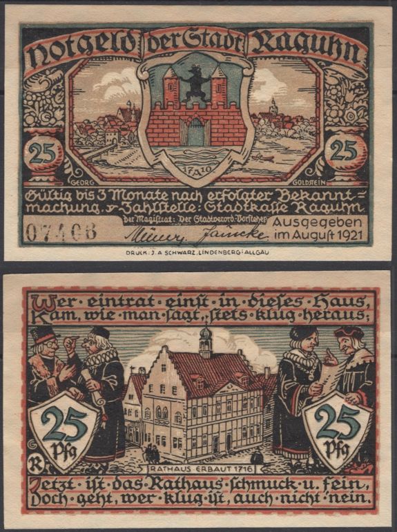 Рагун 25 пфеннигов ND (1921) DeNG 1 1094.1-1/12 бумага UNC (пресс) 8595-8-3-1