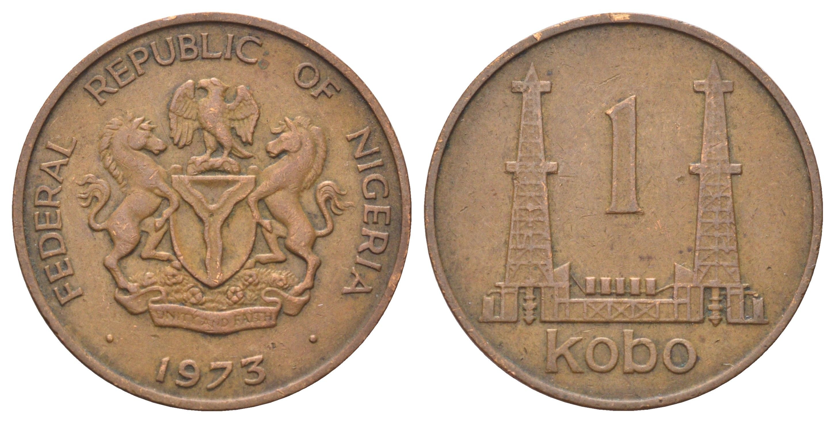 Нигерия 1 кобо 1973 нефтяные вышки KM 8.1 бронза 4699-1015