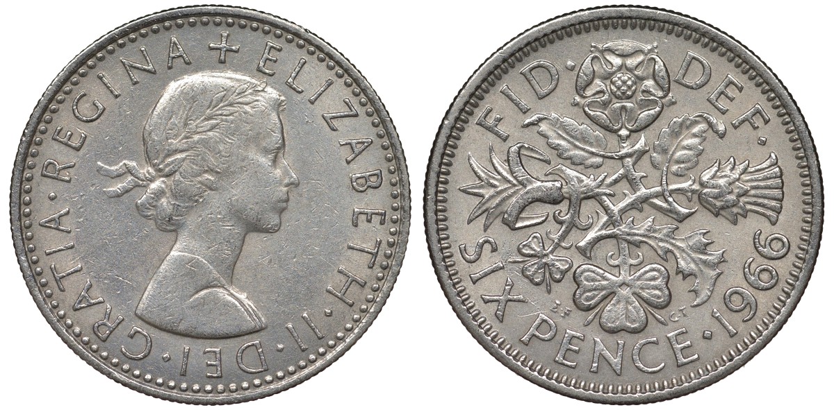 Великобритания 6 пенсов 1966 Елизавета II (1952-2022) KM 903, Spink 4149 медно-никель 4122-631