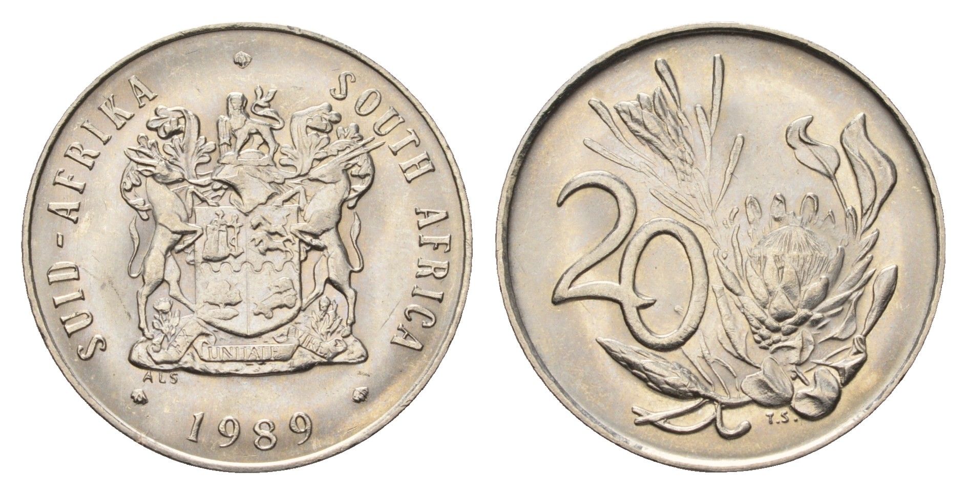 ЮАР 20 центов 1989 герб, цветок протея KM 86 никель UNC 4693-811