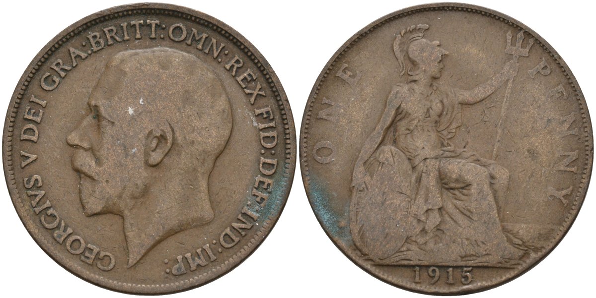 Великобритания 1 пенни 1915 Георг V (1910-1936) KM 810, Spink 4051 бронза 4144-814