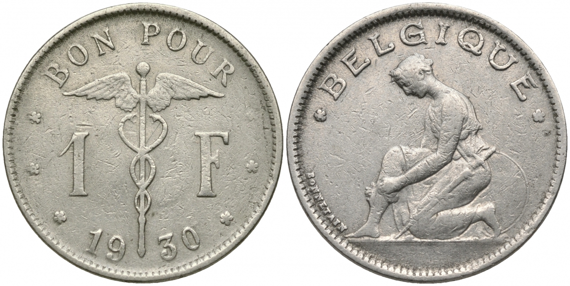 БЕЛЬГИЯ 1 ФРАНК 1930 BELGIQUE KM 89 никель 51-2115