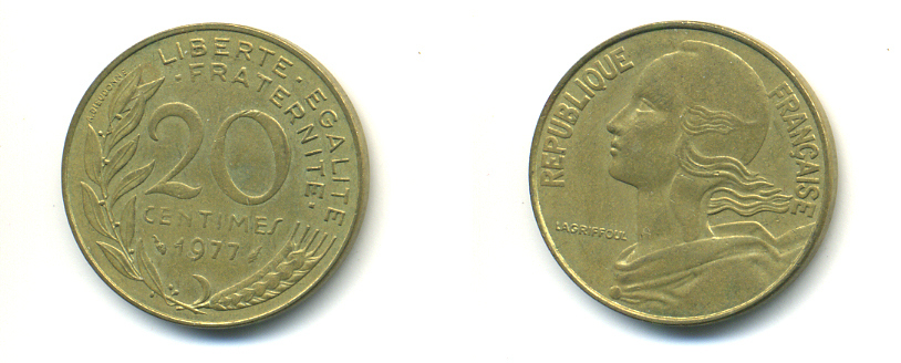 ФРАНЦИЯ 20 САНТИМОВ 1977 ТИП MARIANNE KM 930, LE FRANC 156.17 алюминиевая бронза 176-1055
