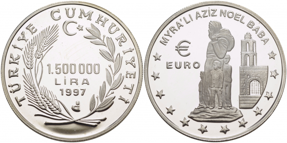 Турция 1500000 лир 1997 Санта-Клаус из Миры (Николай Чудотворец) KM 1100 серебро PROOF 11-140-14