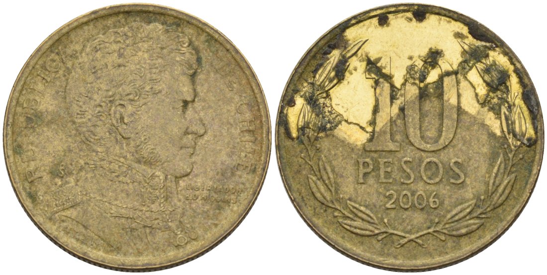 Чили 10 песо 2006 KM 228 никель латунь 4573-455