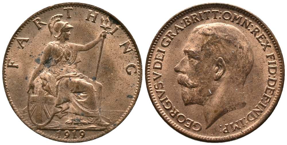 Великобритания 1 фартинг 1919 Георг V (1910-1936) KM 808.2, Spink 4060 бронза UNC 117-725