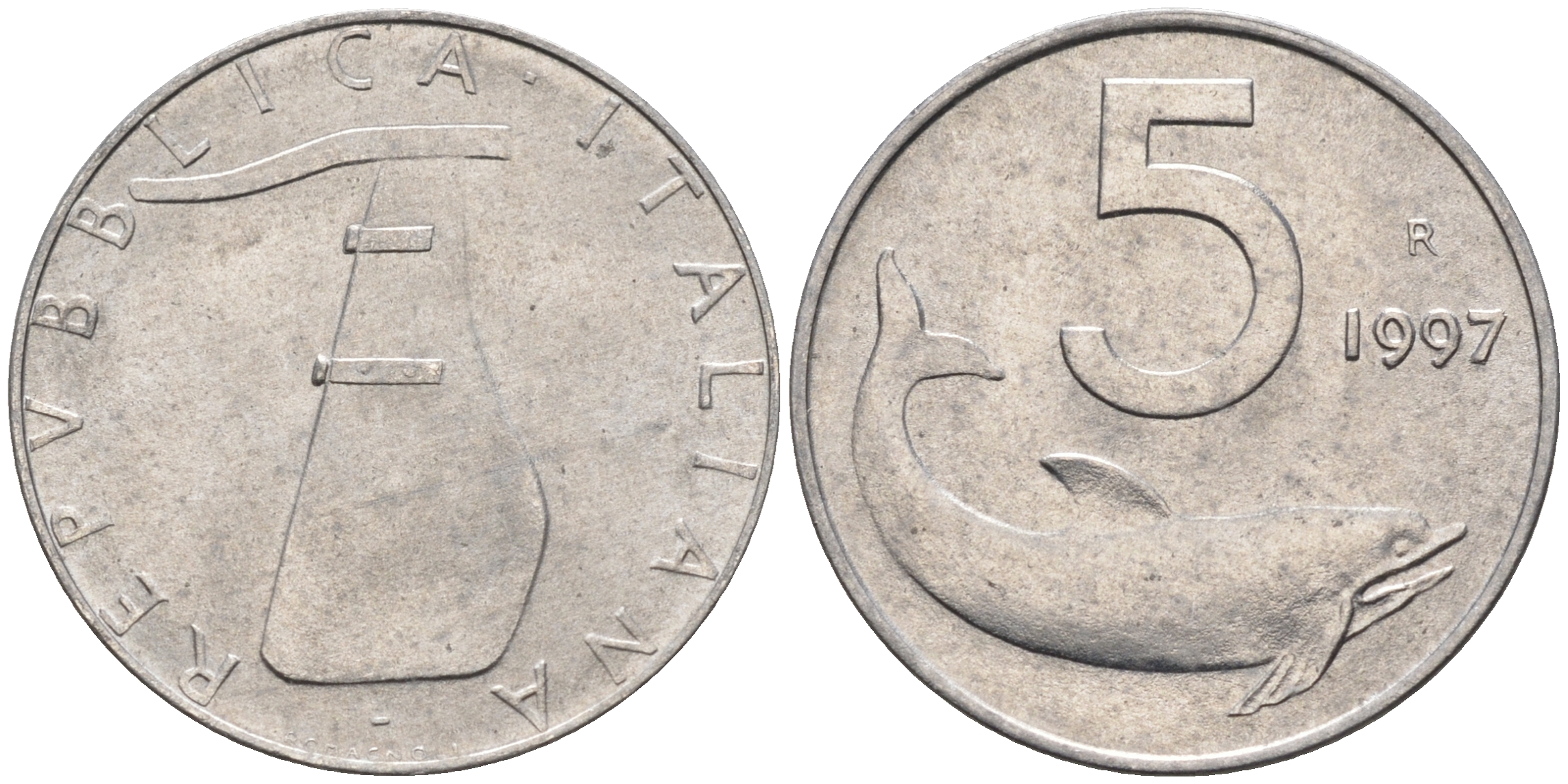 Италия 5 лир 1997 R, дельфин KM 92 алюминий  UNC  4594-634