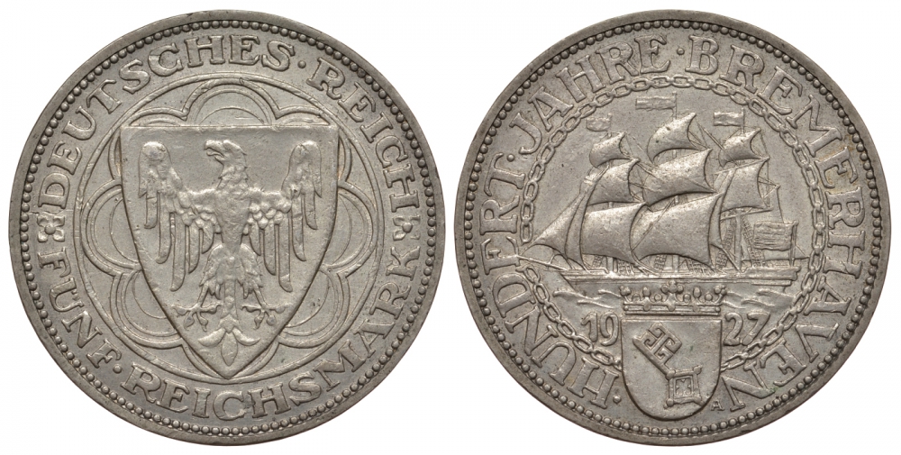 Германия 5 марок 1927 A, 100-летие Бремерхафена J. 326, KM 51 серебро 00-000-00