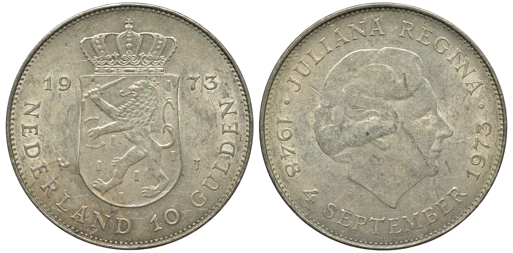 Нидерланды 10 гульденов 1973 25 лет правления королевы Юлианы KM 196 серебро 443-811