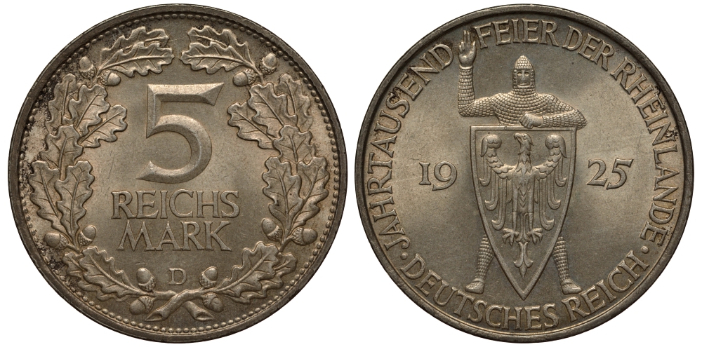 Германия 5 марок 1925 D, 1000 летие Рейнланда Weege 25, J. 322, KM 46 серебро aUNC 00-805-26