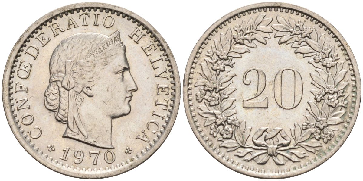 Швейцария 20 раппенов 1970 KM 29а медно-никель 4592-924