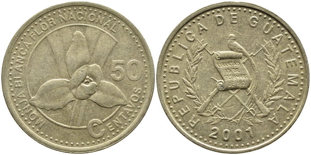 Гватемала 50 сентаво 2001 орхидея белая монашка KM 283 латунь 4390-121