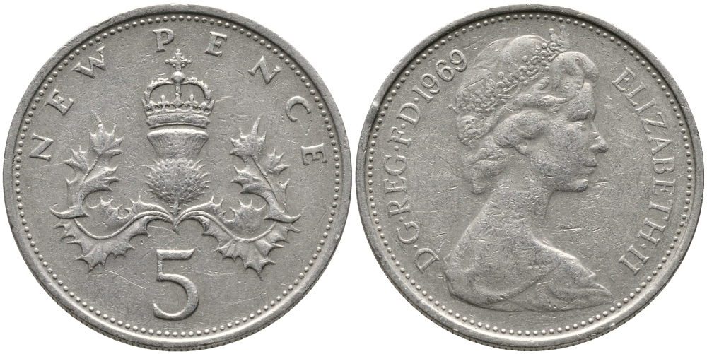 Великобритания 5 пенсов 1969 Елизавета II (1952-2022) KM 911, Spink 4233 (D1) медно-никель 65-946