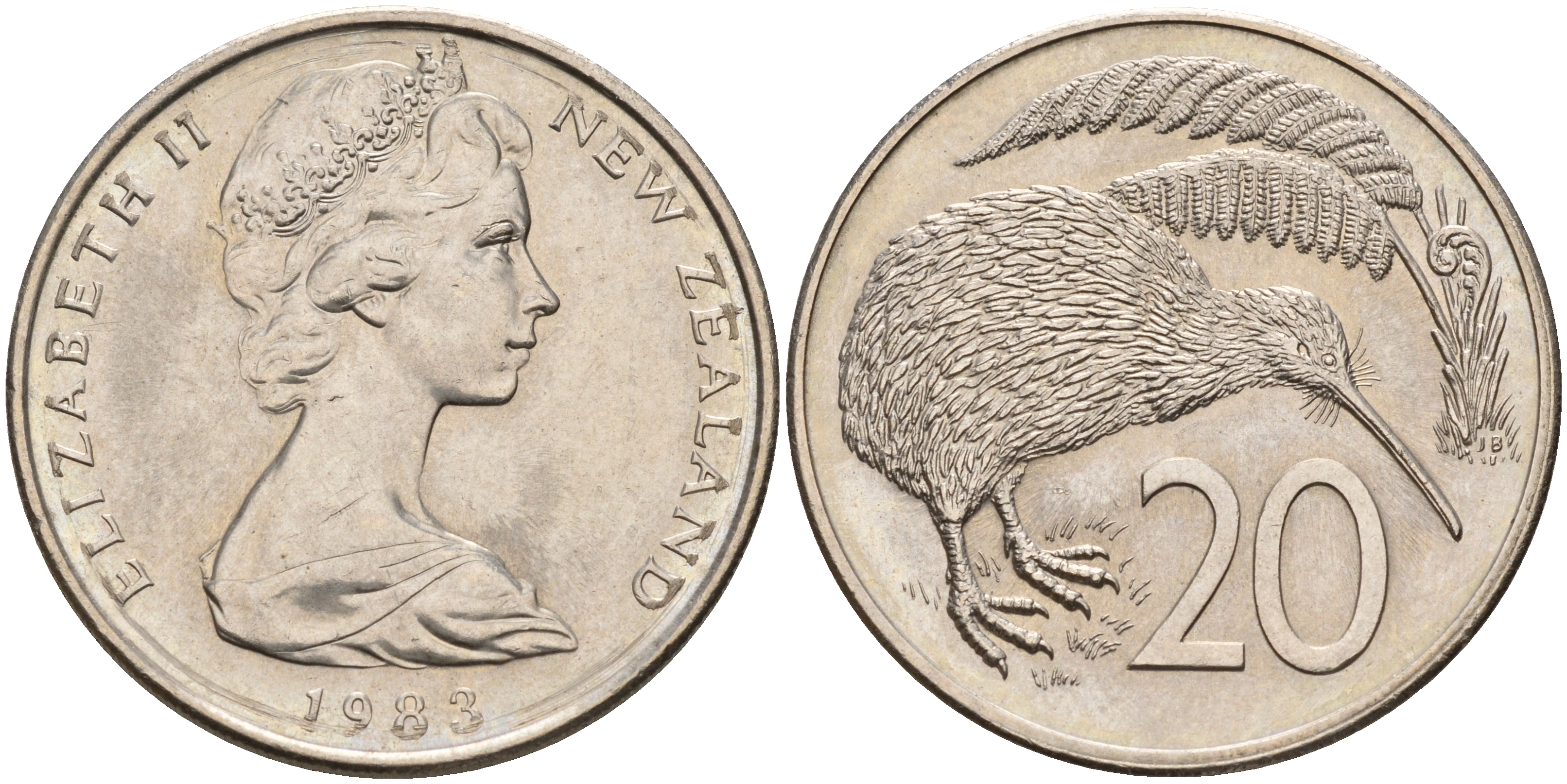 Новая Зеландия 20 центов 1983 Елизавета II (1952-2022), птичка киви KM 36.1 медно-никель 4599-1046