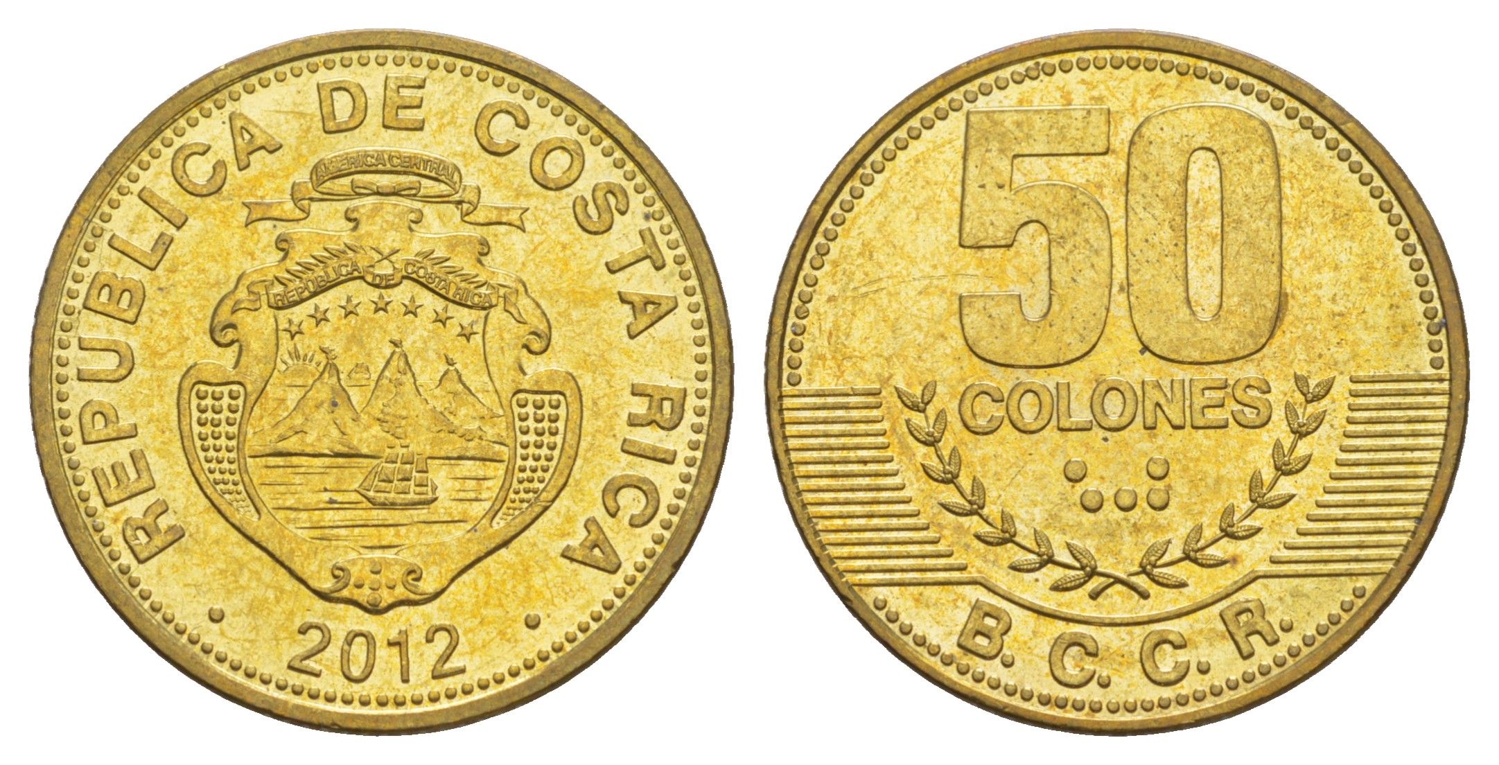 Коста-Рика 50 колонов 2012 KM 231.1b сталь плакированная латунью UNC 4642-937