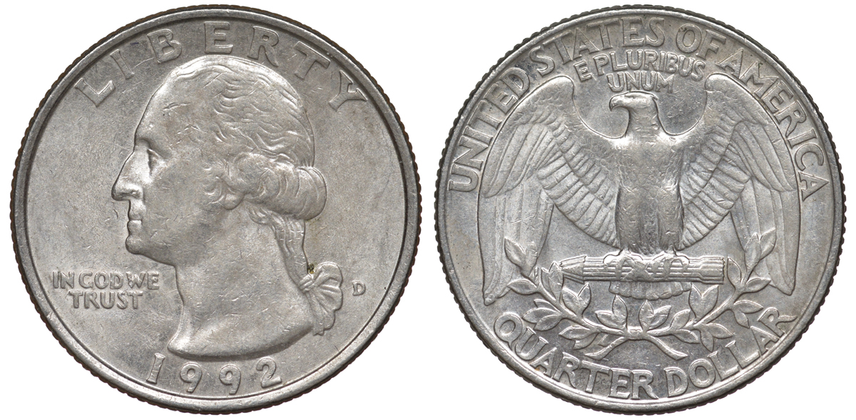 США 25 центов (квотер) 1992 D, Вашингтон KM A164a медь плакированная медно-никелем 4541-121